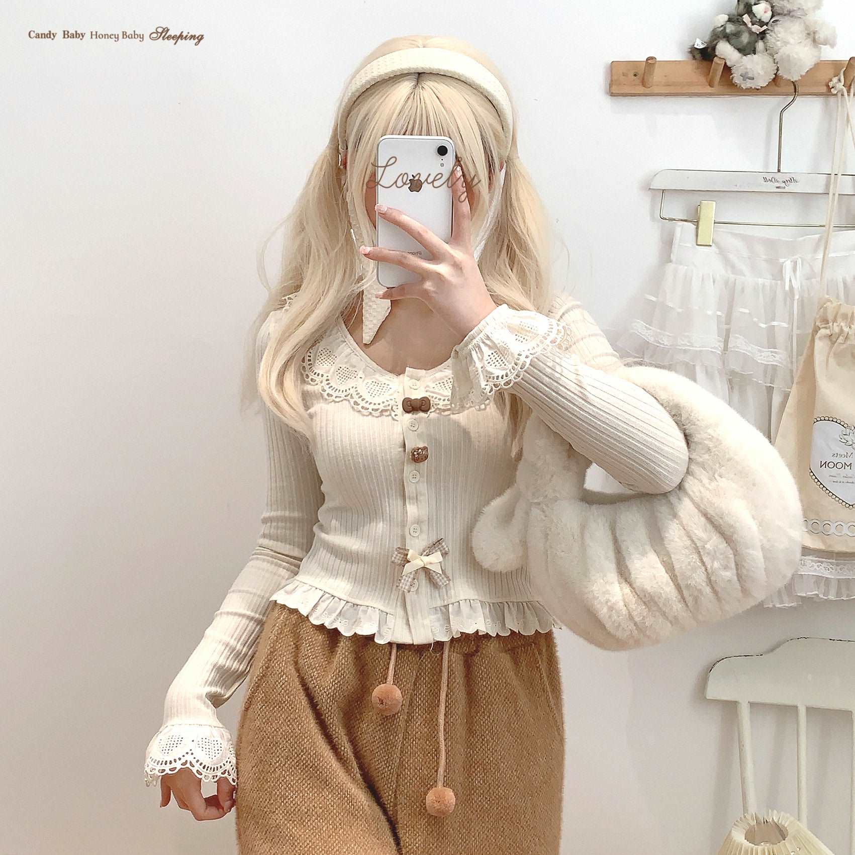 Dormir Doll Caramel Kitty Bow Cute Ruffled Lace Collar Long Sleeve Cre –  Sugarplum Store