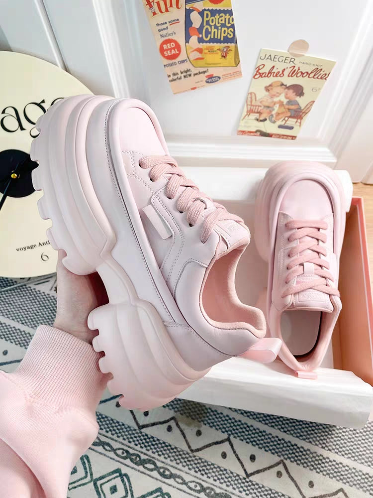 Summer Street College Girl Thick Soles Trendy White Pink Heels Sporty  Sneakers Shoes