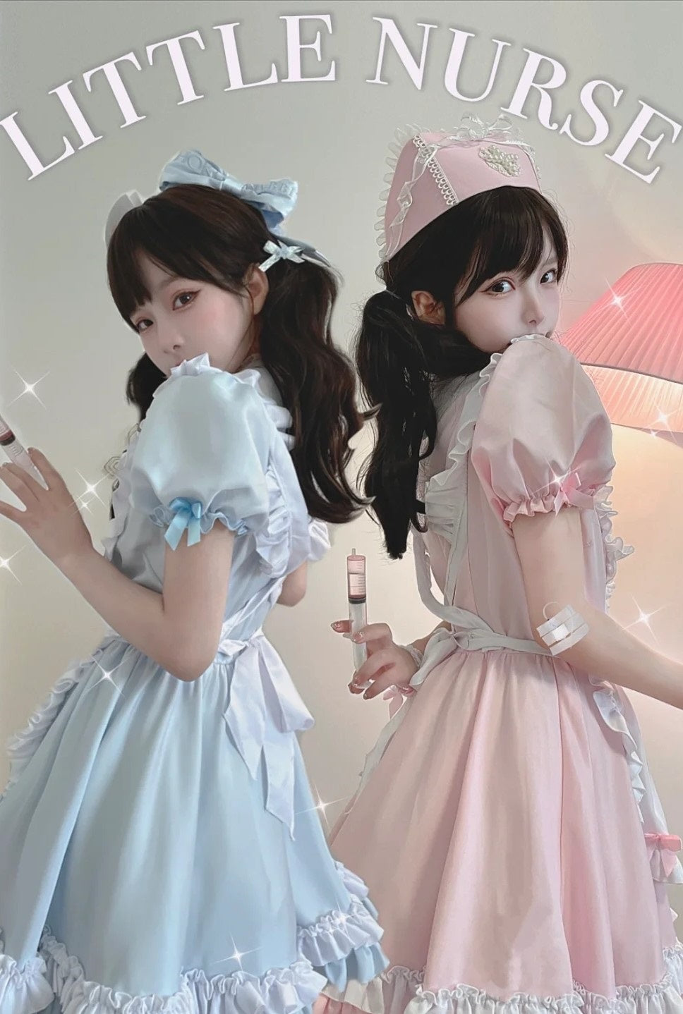 Cute Cross Nurse Maid Cosplay Black Blue Pink Dress Set