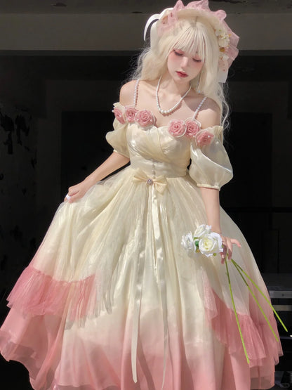 Meow Fruit Fairytale Yellow Cream Peach Pink Gradient Rose Flower Dress