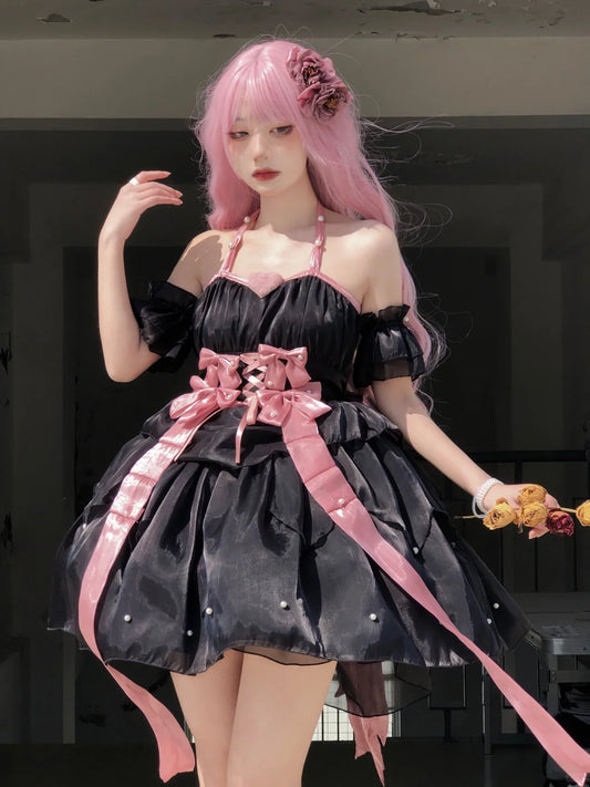 Cookie Lolita Floating Star Black Pink Bow Prom Dress