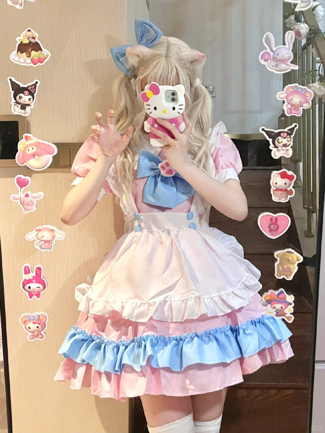 Serendipity Plus Size Cute Cosplay Cat Claw Bow White Apron Blue Pink Maid Dress