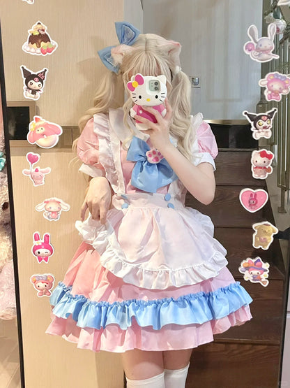 Serendipity Plus Size Cute Cosplay Cat Claw Bow White Apron Blue Pink Maid Dress