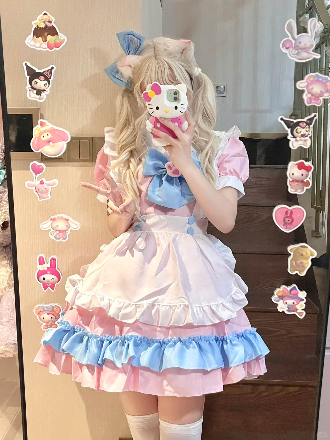 Serendipity Plus Size Cute Cosplay Cat Claw Bow White Apron Blue Pink Maid Dress