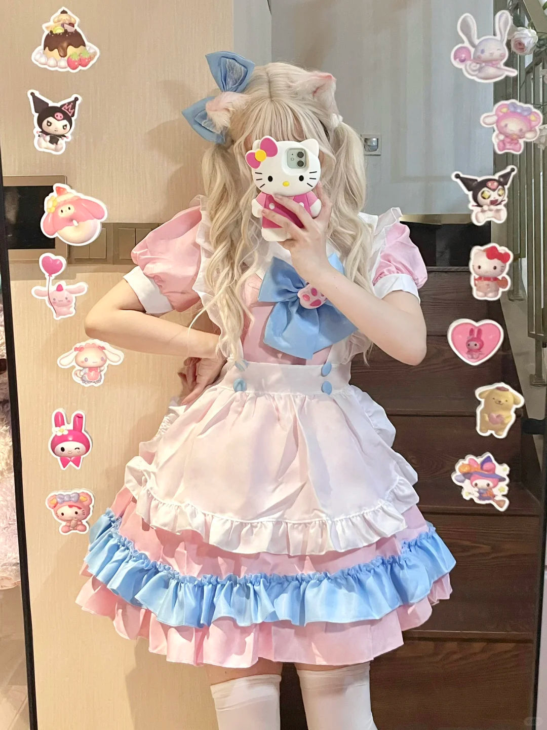 Serendipity Plus Size Cute Cosplay Cat Claw Bow White Apron Blue Pink Maid Dress