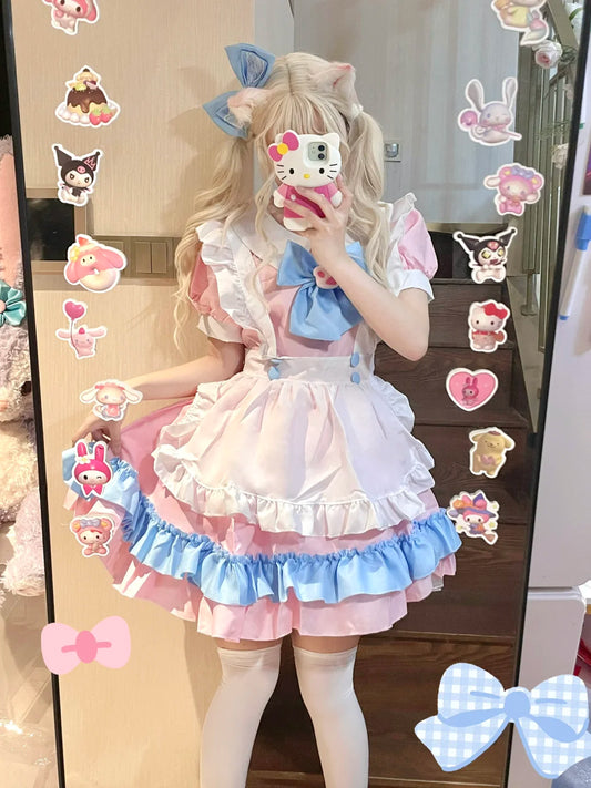 Serendipity Plus Size Cute Cosplay Cat Claw Bow White Apron Blue Pink Maid Dress