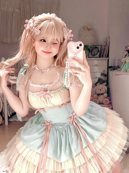 Lilith Eye Lolita Cream Green Ruffle Princess Strap Dress