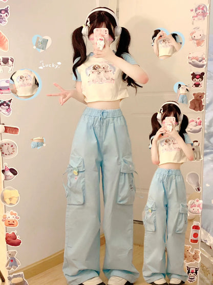 Serendipity Summer Puppy Dog Raglan T Shirt & Blue Gathered Pants Two Piece Set