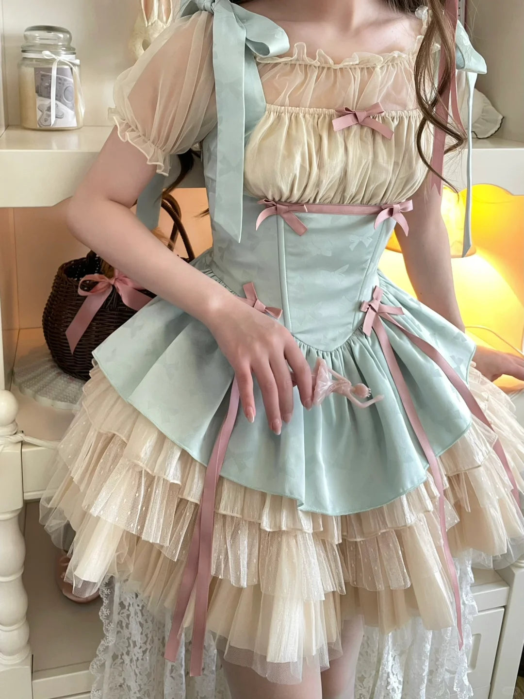 Lilith Eye Lolita Cream Green Ruffle Princess Strap Dress