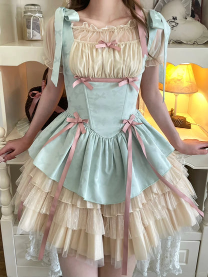 Lilith Eye Lolita Cream Green Ruffle Princess Strap Dress