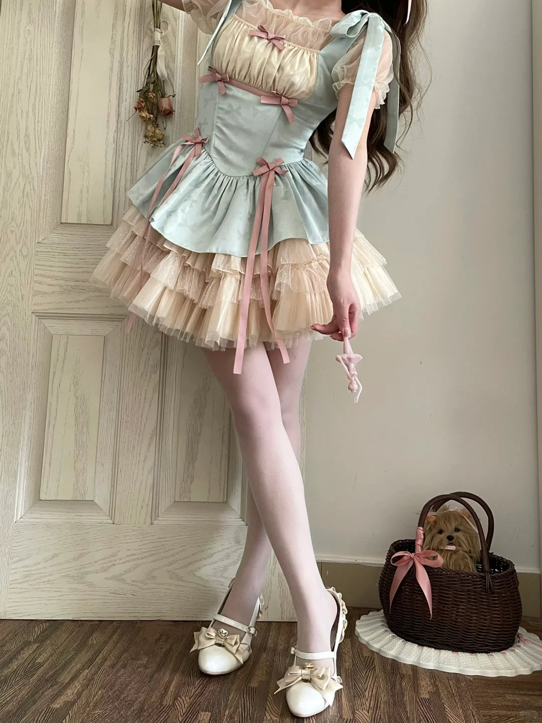 Lilith Eye Lolita Cream Green Ruffle Princess Strap Dress