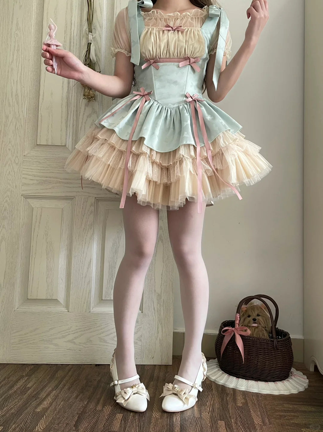 Lilith Eye Lolita Cream Green Ruffle Princess Strap Dress