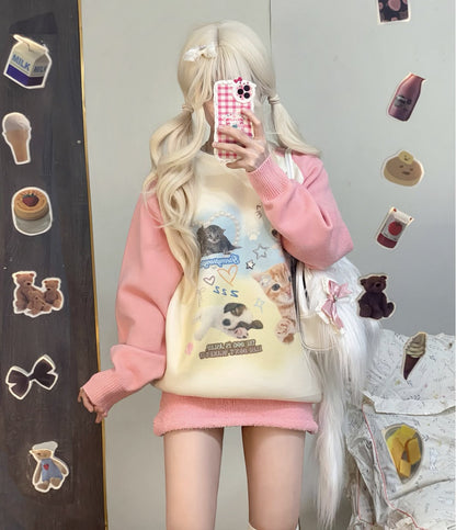 Serendipity Cute Animals Cats Dogs Raglan Pink Blue Black Knit Sweater Shirt