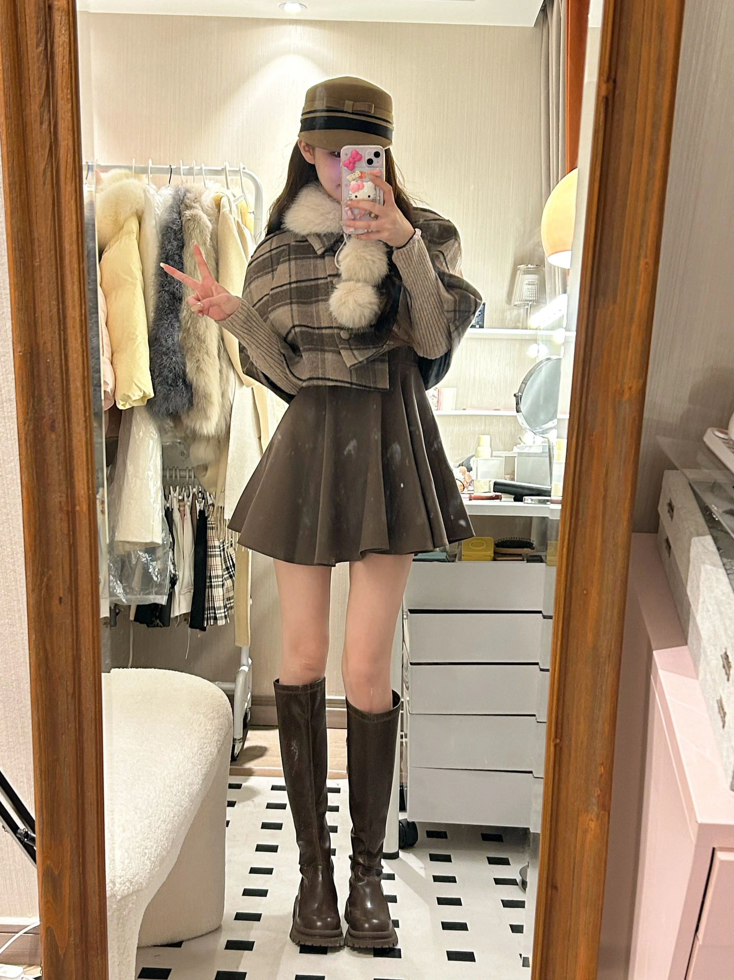 Lazy Girl Winter Detective Belle Brown Knit Lace Shirt & Suspender Skirt & Plaid Fur Cape Three Piece Set