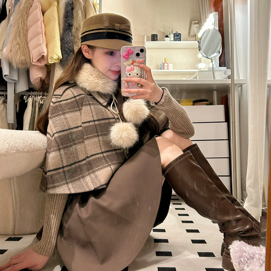 Lazy Girl Winter Detective Belle Brown Knit Lace Shirt & Suspender Skirt & Plaid Fur Cape Three Piece Set