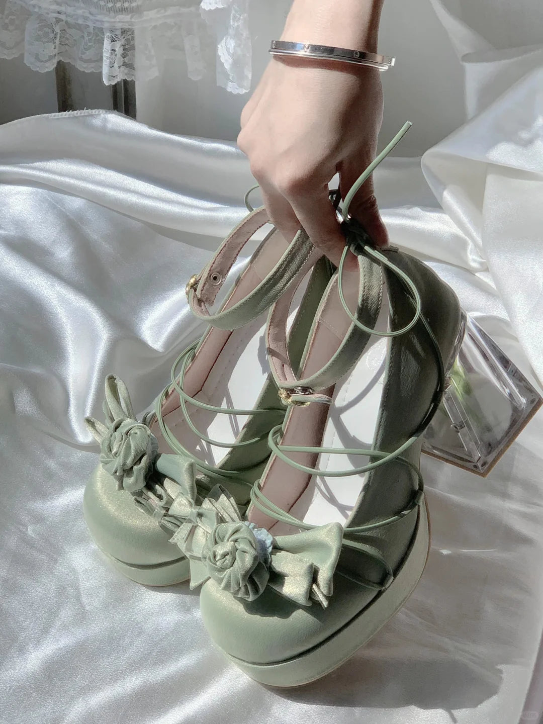 Moeka Chan Lolita Pink Blue White Black Green Butterfly Transparent Glass High Heels Shoes