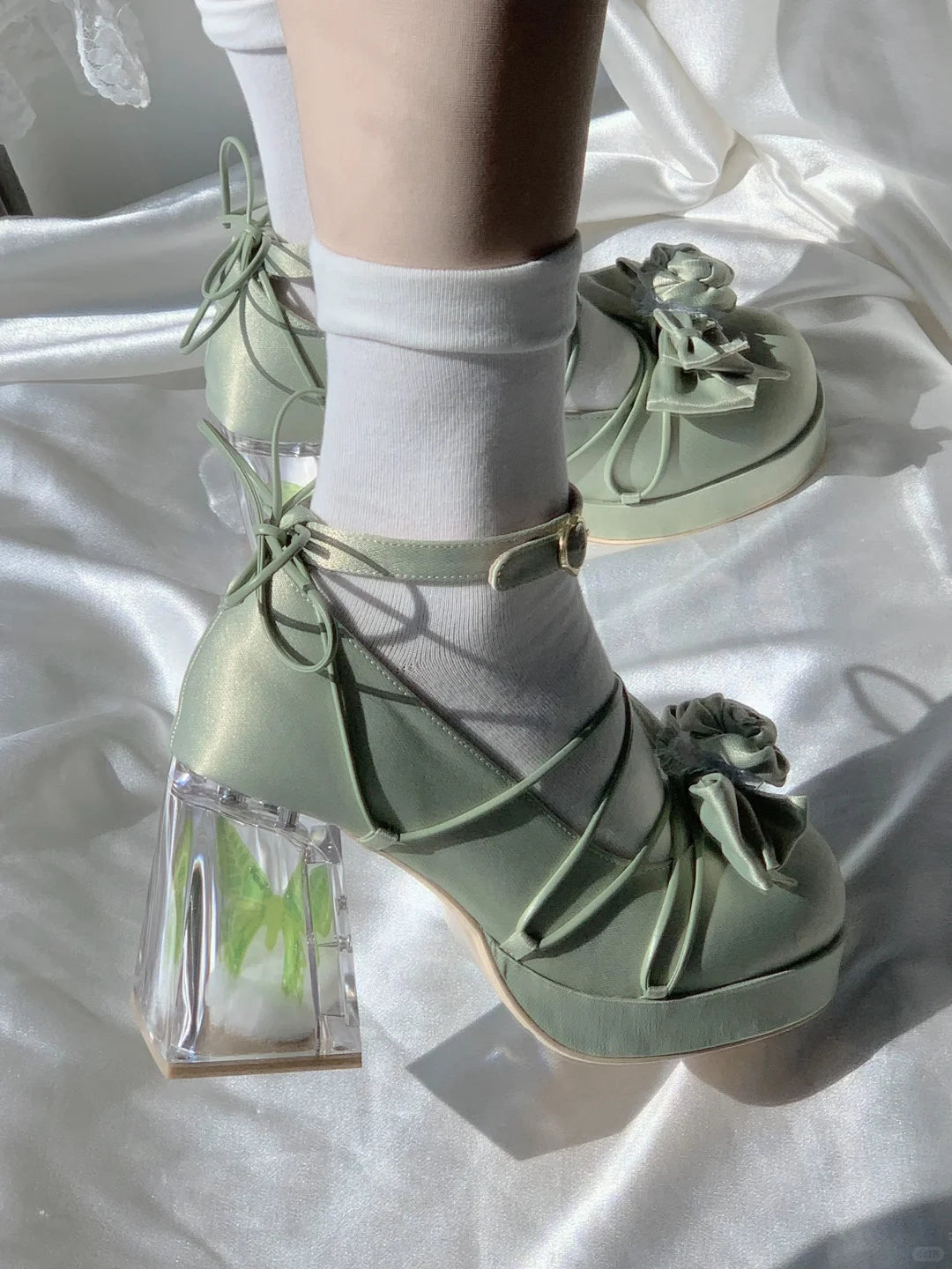 Moeka Chan Lolita Pink Blue White Black Green Butterfly Transparent Glass High Heels Shoes