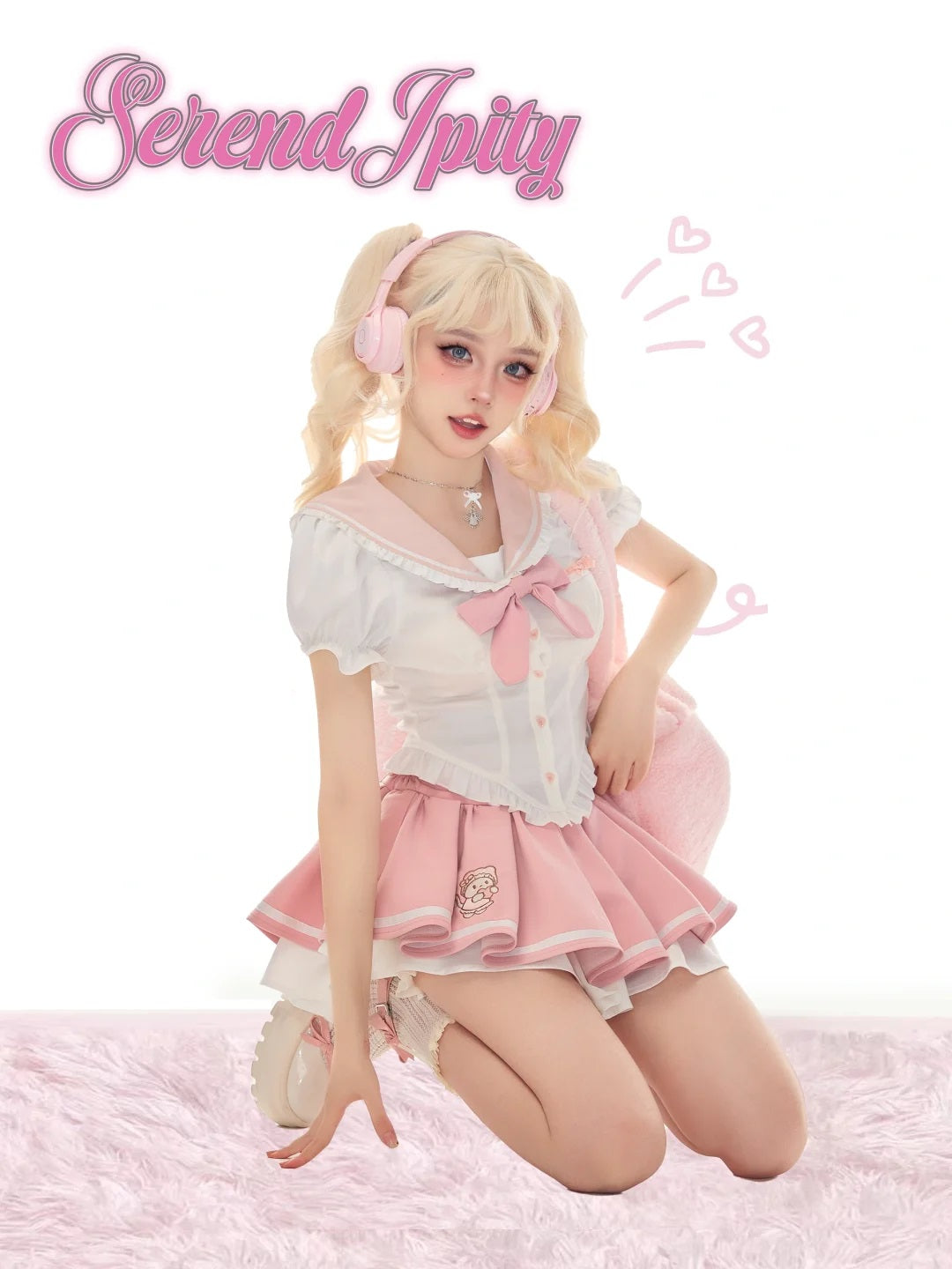 Serendipity Melo Bunny Pink Bow Sailor Collar Seifuku Shirt & Pleated Skirt Two Piece Set