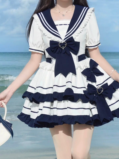 Platycodon Beach Girls Sailor Collar Navy Blue Lolita Dress