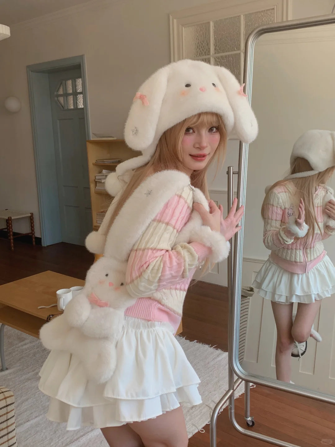 Peach Bubble White Rabbit Plush Hat Scarf Gloves Bag Set