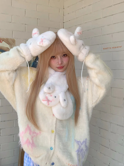 Peach Bubble White Rabbit Plush Hat Scarf Gloves Bag Set