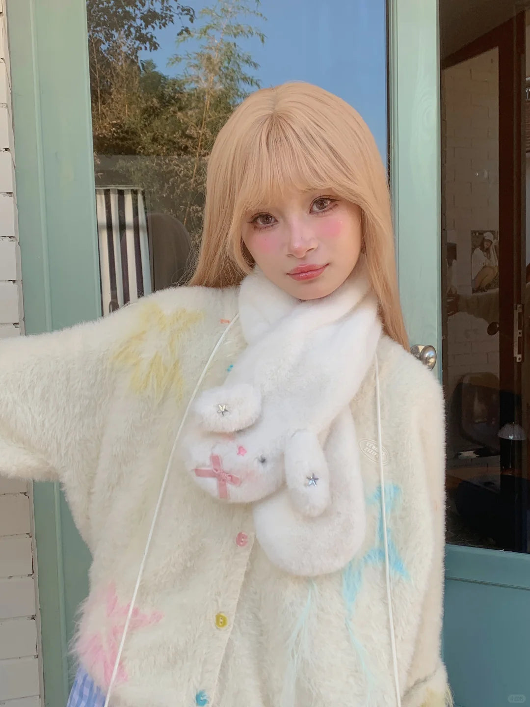 Peach Bubble White Rabbit Plush Hat Scarf Gloves Bag Set