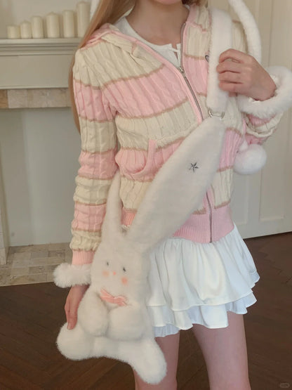 Peach Bubble White Rabbit Plush Hat Scarf Gloves Bag Set