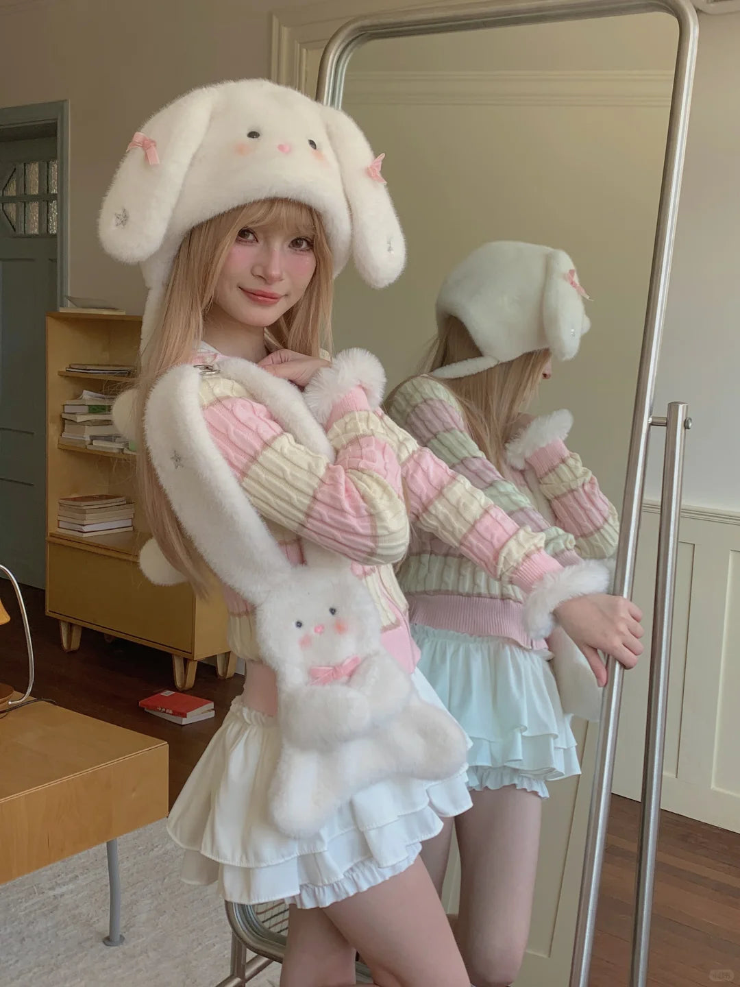 Peach Bubble White Rabbit Plush Hat Scarf Gloves Bag Set