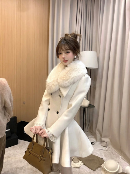 Lazy Girl Hepburn Prologue Black White Fur Collar Coat