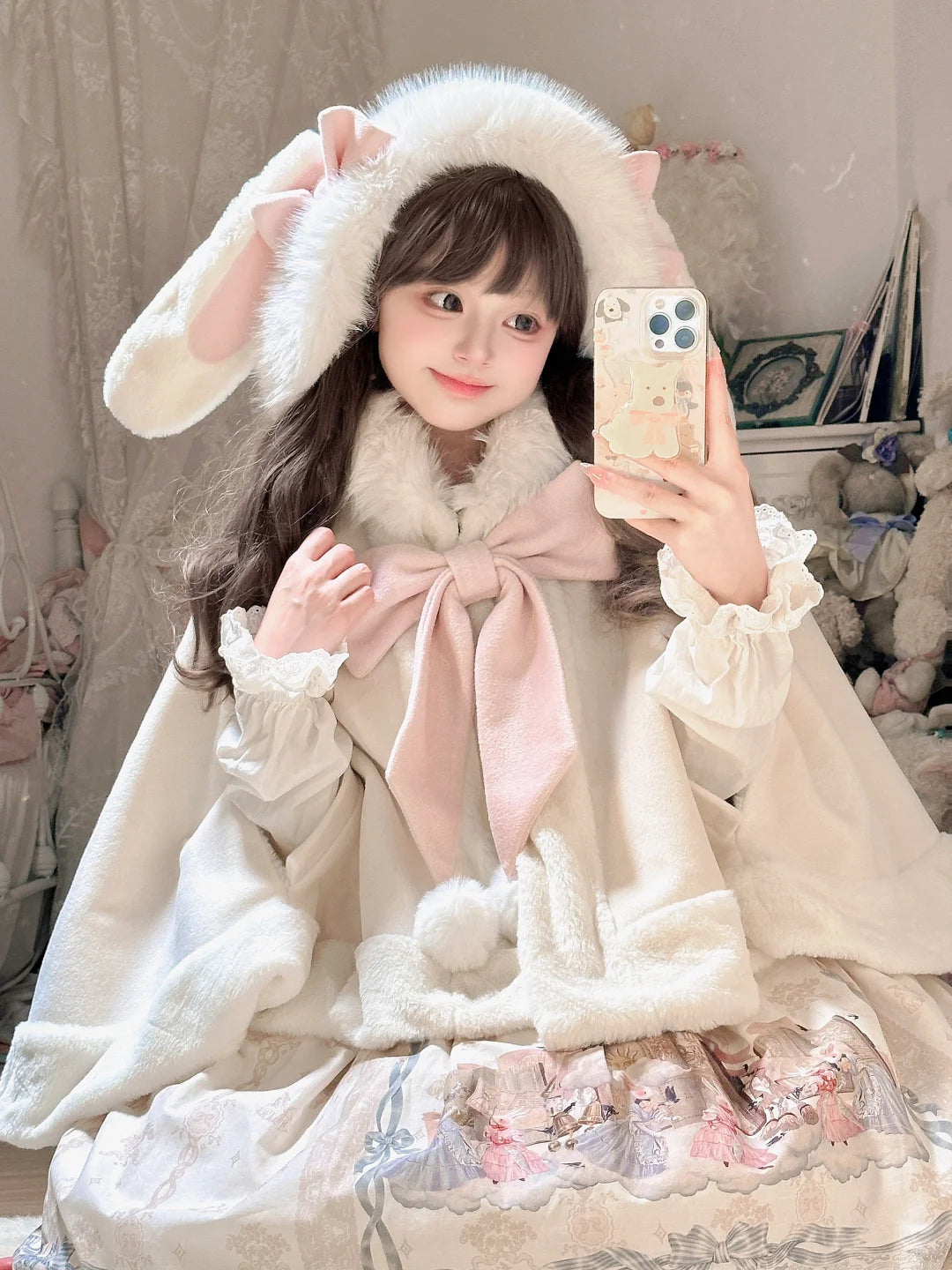 Lolita Kitten Calls Car Ears & Rabbit Ears White Pink Jacket Cape Cloak