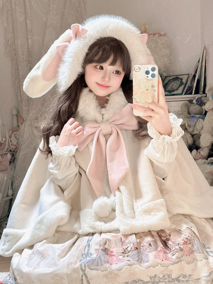 Lolita Kitten Calls Car Ears & Rabbit Ears White Pink Jacket Cape Cloak