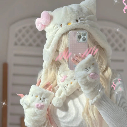 Pink Bow Kitty Plush White Winter Hat Scarf Gloves Set