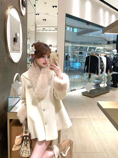 Lazy Girl Charming Lady Velvet Red Cream Fur Collar Coat & Shorts Two Piece Set