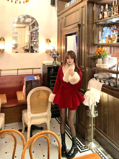 Lazy Girl Charming Lady Velvet Red Cream Fur Collar Coat & Shorts Two Piece Set