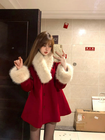 Lazy Girl Charming Lady Velvet Red Cream Fur Collar Coat & Shorts Two Piece Set