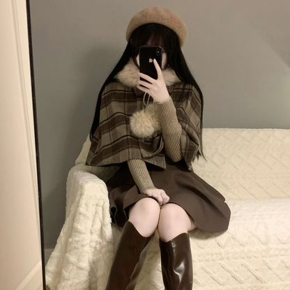 Lazy Girl Winter Detective Belle Brown Knit Lace Shirt & Suspender Skirt & Plaid Fur Cape Three Piece Set