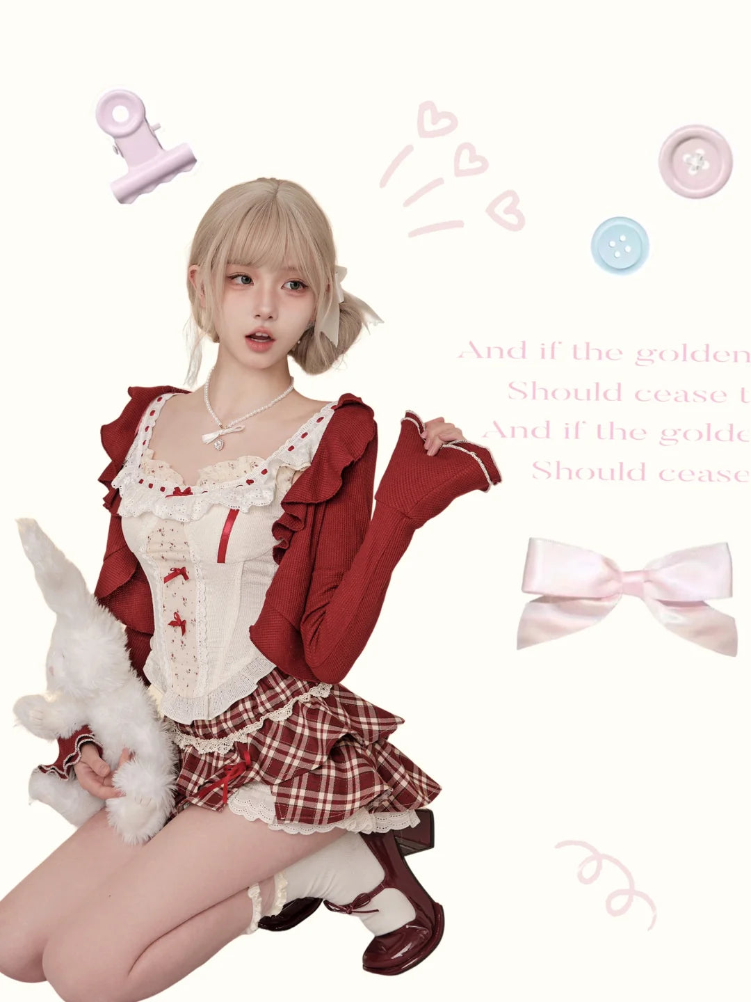 Serendipity Cherry Wine Camisole Top & Red Cardigan & Plaid Skirt Three Piece Set