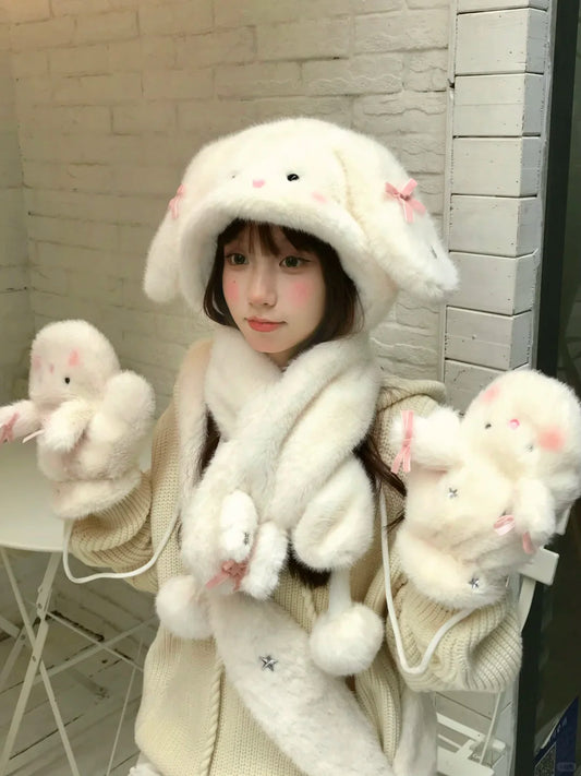 Peach Bubble White Rabbit Plush Hat Scarf Gloves Bag Set