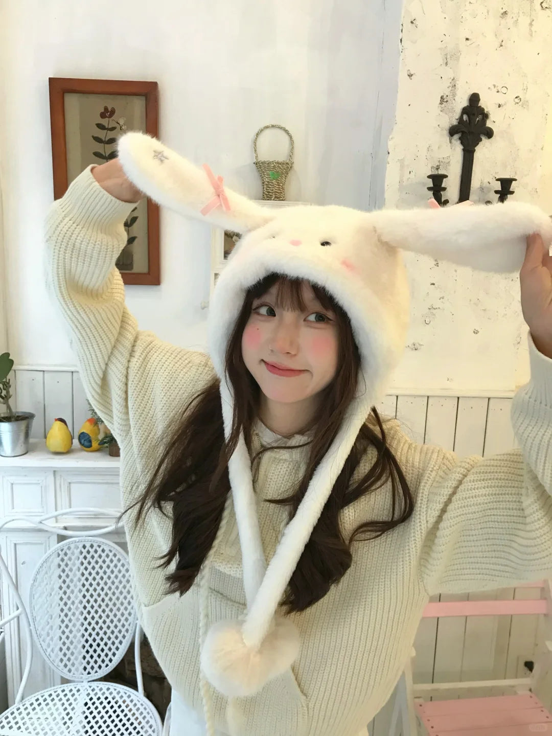 Peach Bubble White Rabbit Plush Hat Scarf Gloves Bag Set