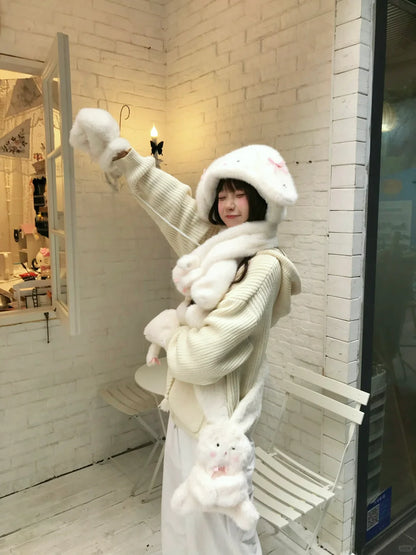 Peach Bubble White Rabbit Plush Hat Scarf Gloves Bag Set