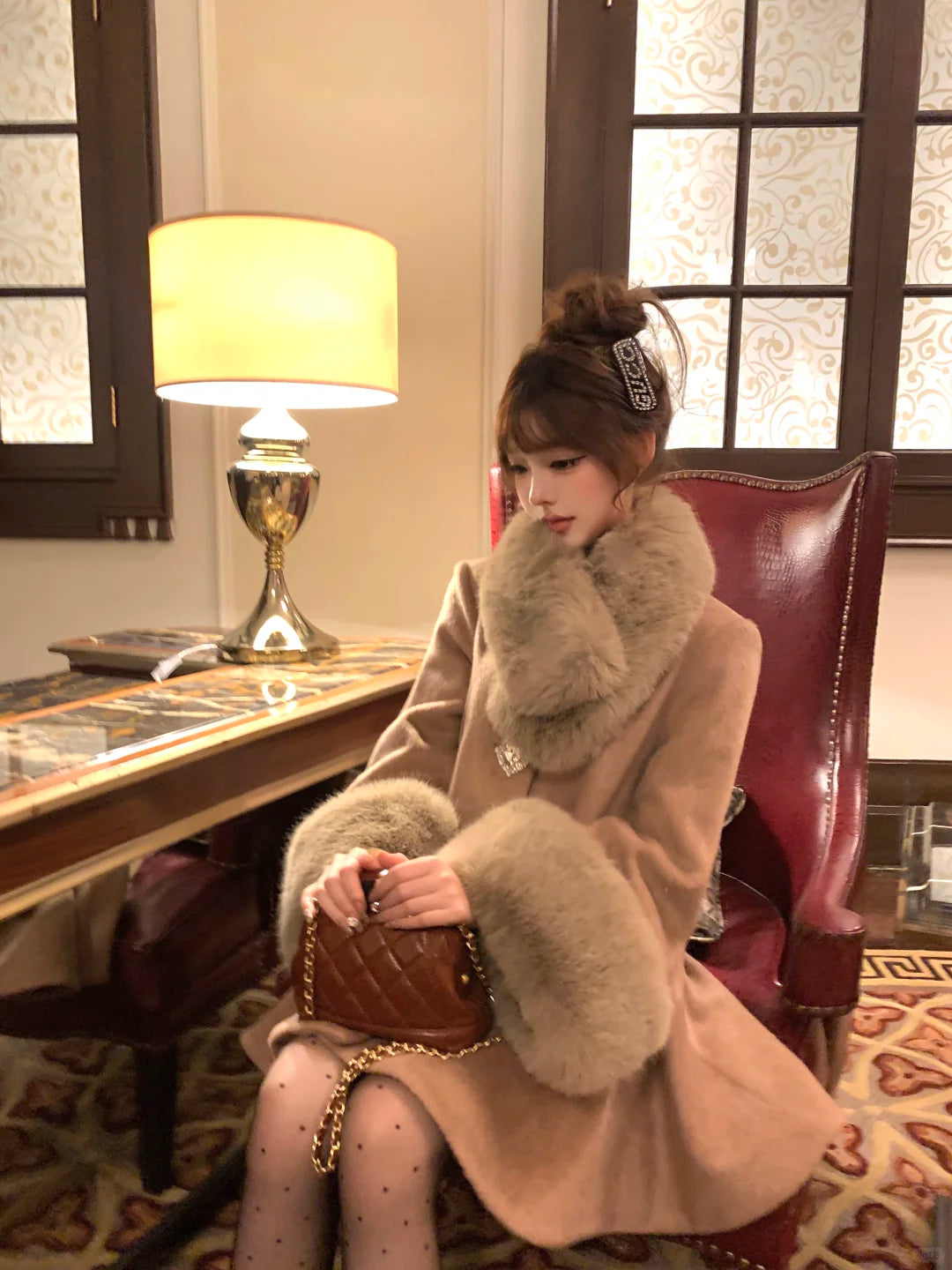 Lazy Girl Thousand Gold Brown Pink Fur Collar Coat