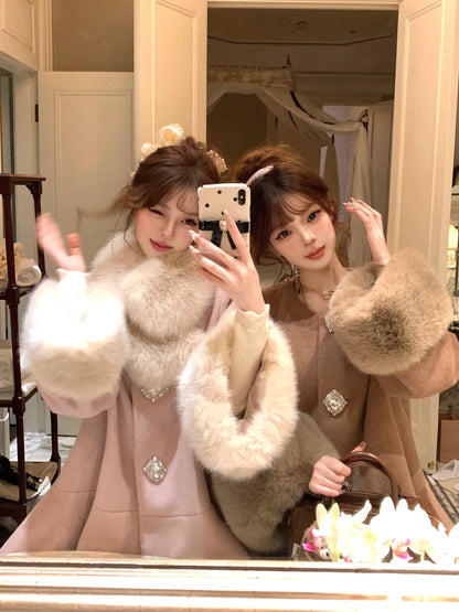 Lazy Girl Thousand Gold Brown Pink Fur Collar Coat