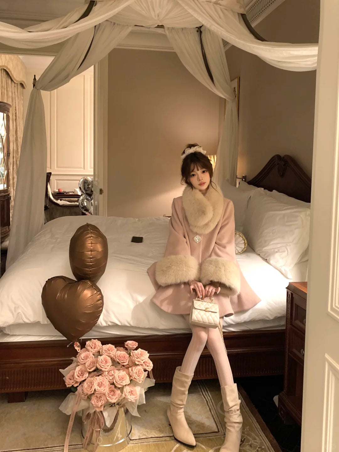 Lazy Girl Thousand Gold Brown Pink Fur Collar Coat