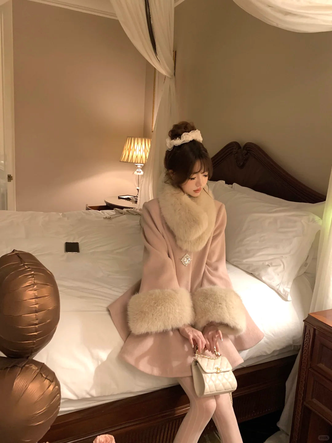 Lazy Girl Thousand Gold Brown Pink Fur Collar Coat