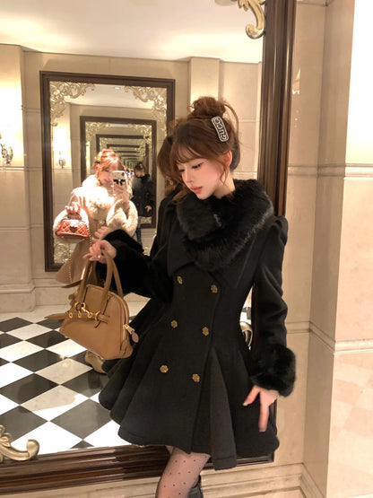 Lazy Girl Hepburn Prologue Black White Fur Collar Coat