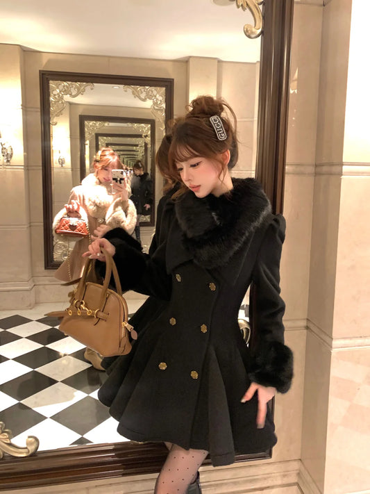 Lazy Girl Hepburn Prologue Black White Fur Collar Coat