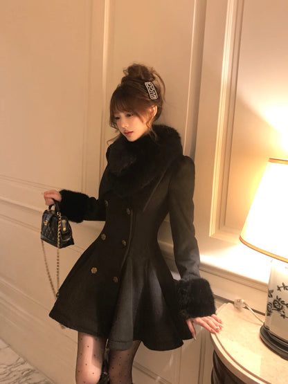 Lazy Girl Hepburn Prologue Black White Fur Collar Coat