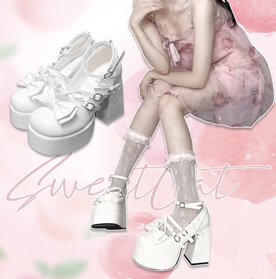 Meow Meow Heart Summer Sweetheart Lolita Blue Pink White Black High Heels Shoes