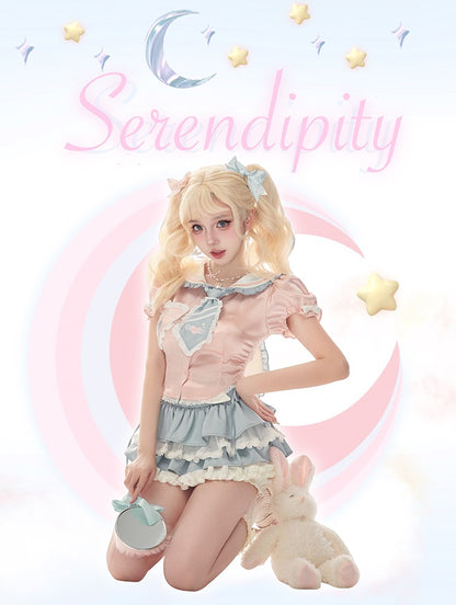 Serendipity Heartbeat Gummy Pink Blue Seifuku Sailor Collar Shirt Top & Skirt Two Piece Set