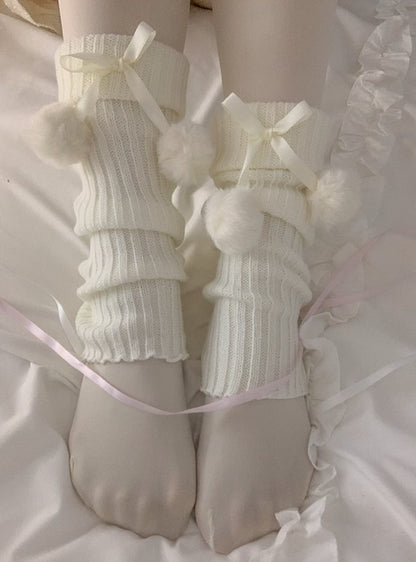 Sweet Knit Pompom Balls White Pink Blue Leg Warmers